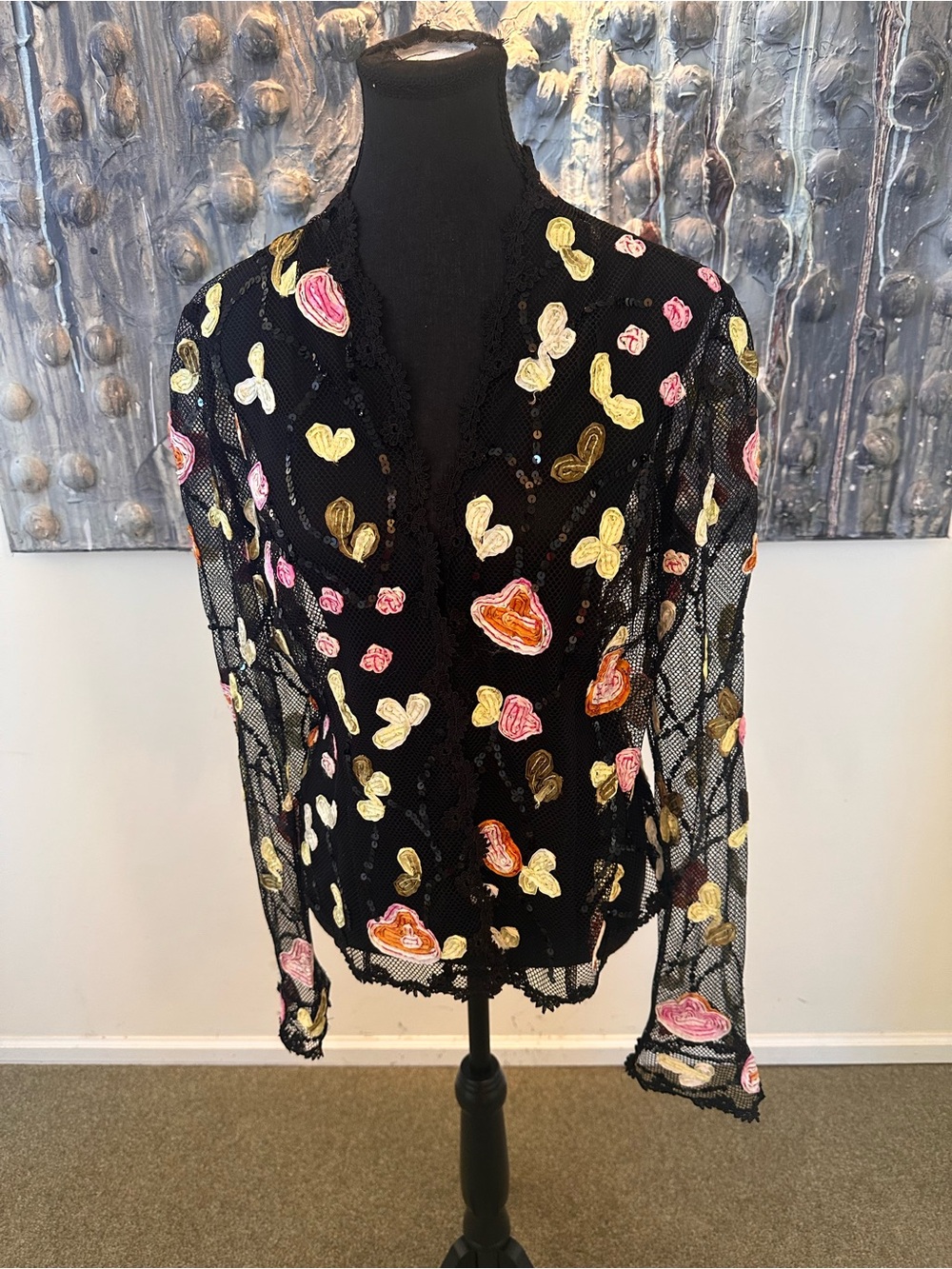 ⭐️ Black Sheer Mesh Cardigan with Pink, Yellow & Orange Appliqués - Picture 10 of 12